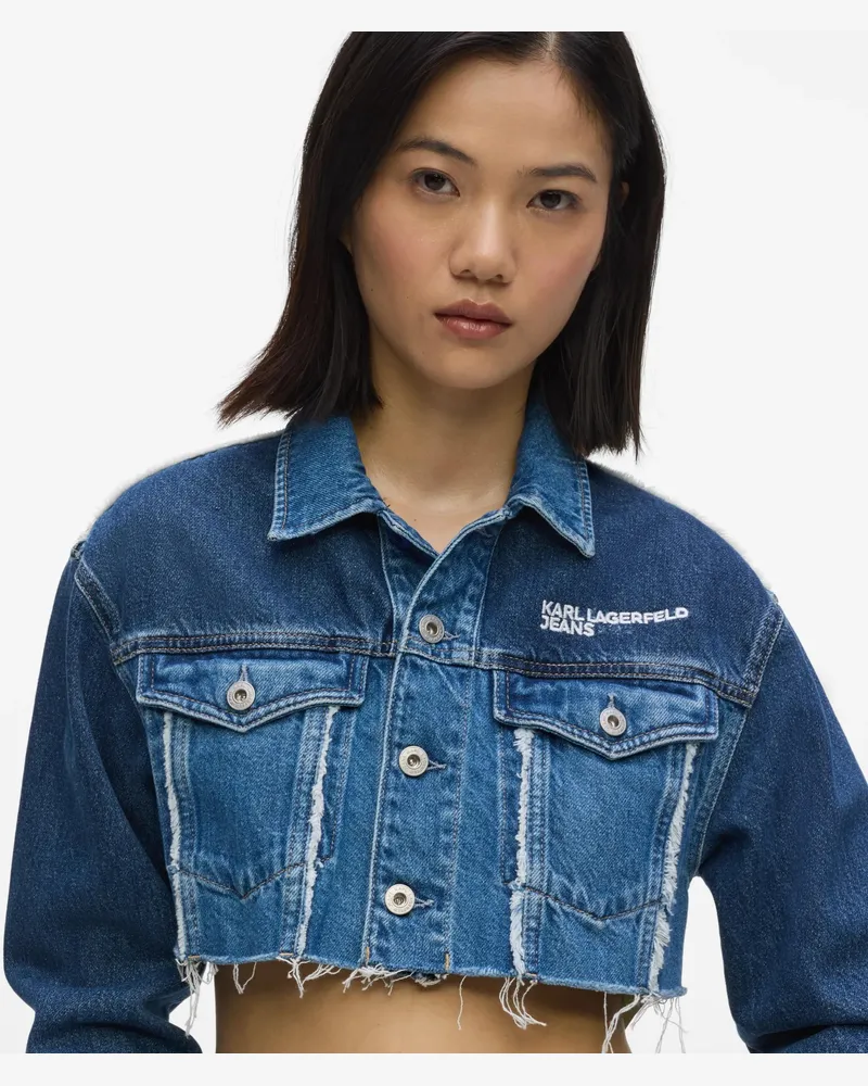 Karl Lagerfeld Micro-jacke Aus Denim In Color-block-optik, Damen, Mittelblau Geblockt, Größe Mittelblau