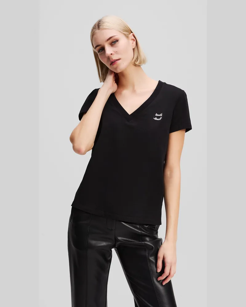 Karl Lagerfeld Ikon choupette T-shirt Mit V-ausschnitt Und Strass, Frau, Schwarz, Größe Schwarz