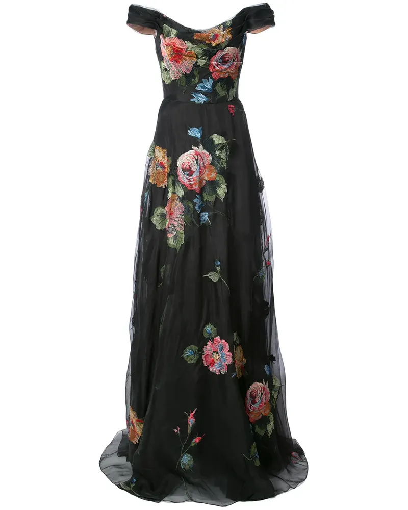 Marchesa Florales Abendkleid mit schulterfreiem Design - Schwarz Schwarz
