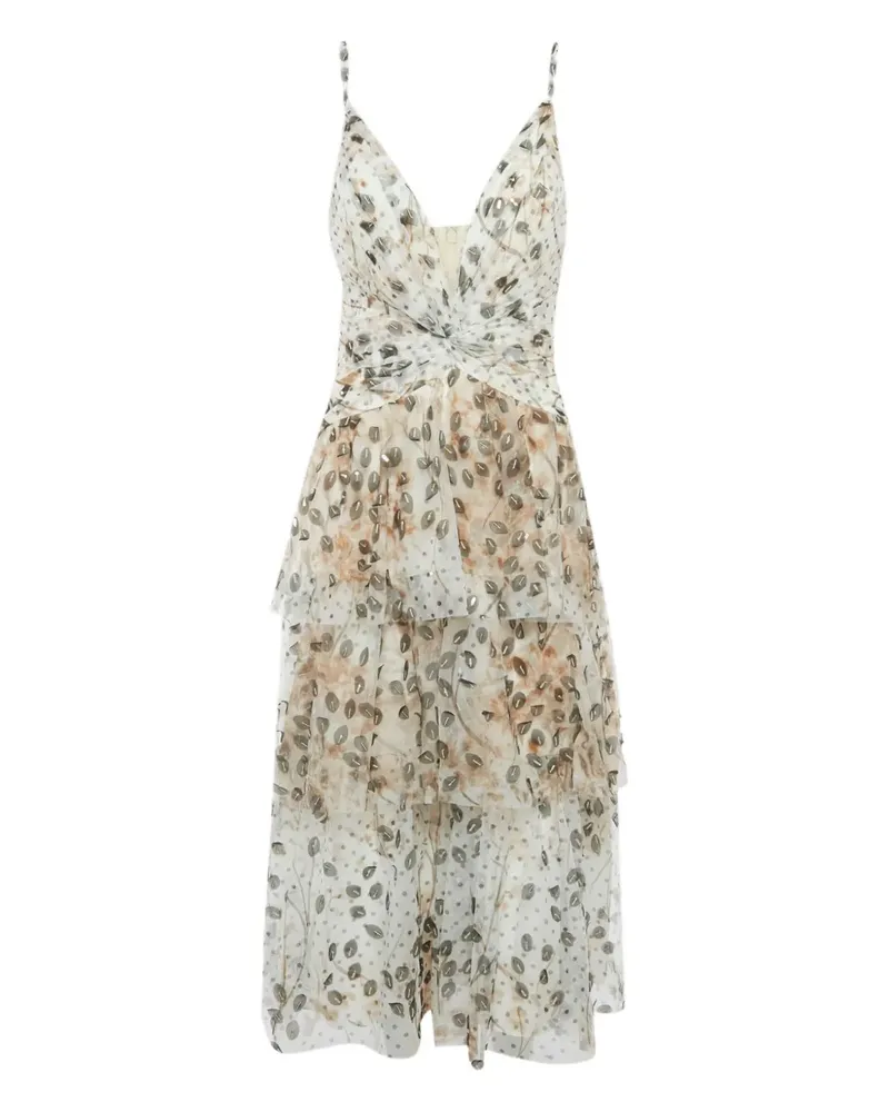 Marchesa Gestuftes Midikleid mit Blattapplikation - Nude Nude