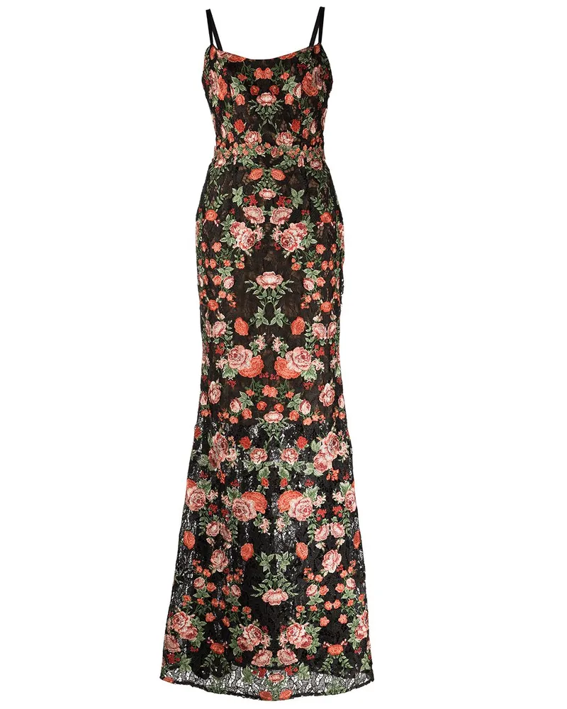 Marchesa Abendkleid mit Blumenstickerei - Schwarz Schwarz
