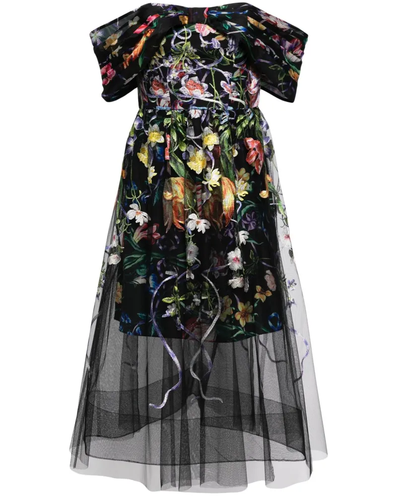 Marchesa Ribbons Midikleid mit Blumenstickerei - Schwarz Schwarz