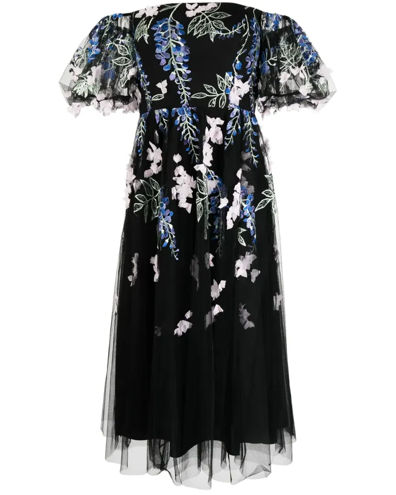 Marchesa Schulterfreies Kleid mit Blumenstickerei - Schwarz Schwarz
