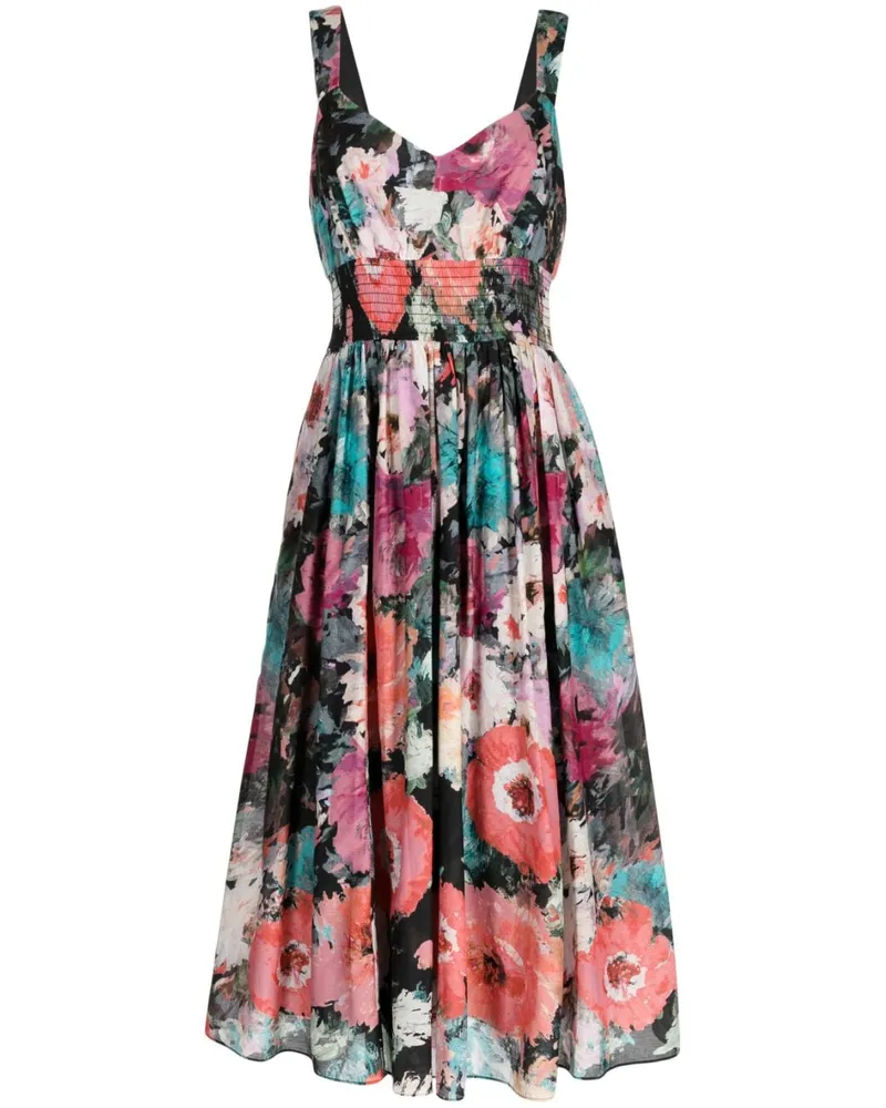 Marchesa Midikleid mit Blumen-Print - Schwarz Schwarz