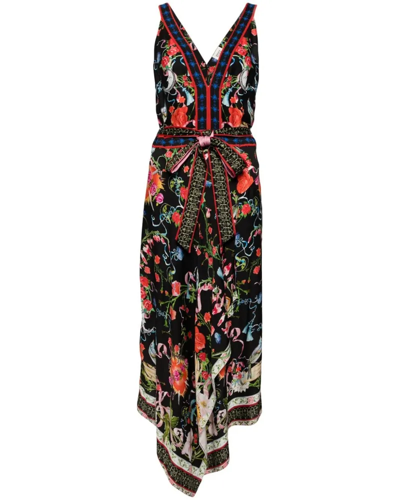 Marchesa Byrn Midikleid mit Blumen-Print - Schwarz Schwarz