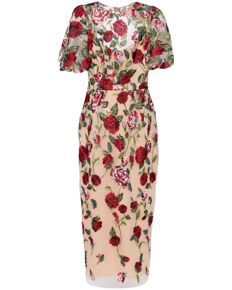 Marchesa Kleid mit Tülleinsätzen und Blumenstickerei - Nude Nude