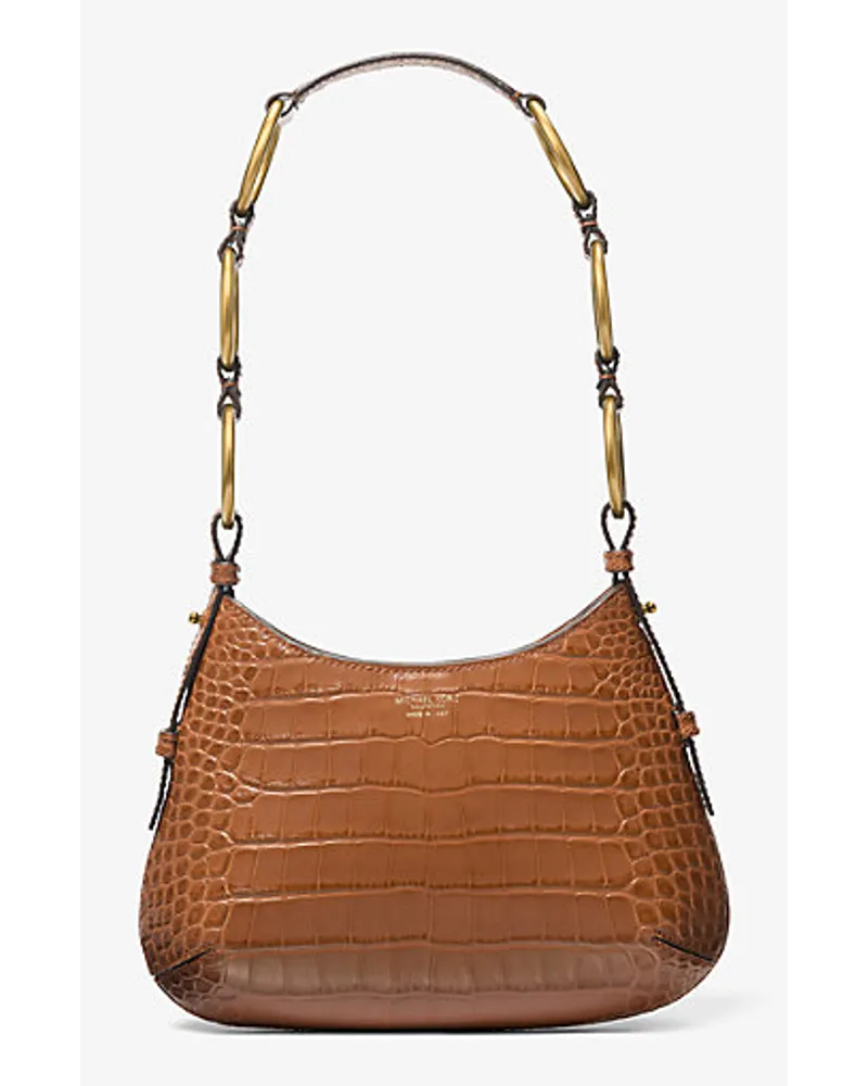 Michael Kors Hobo Bag Bardot Mini aus Lackleder mit Krokodilprägung Braun