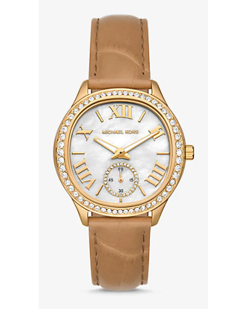 Michael Kors Armbanduhr Sage Im Goldton mit Pavé und Lederarmband mit Krokodilprägung Braun