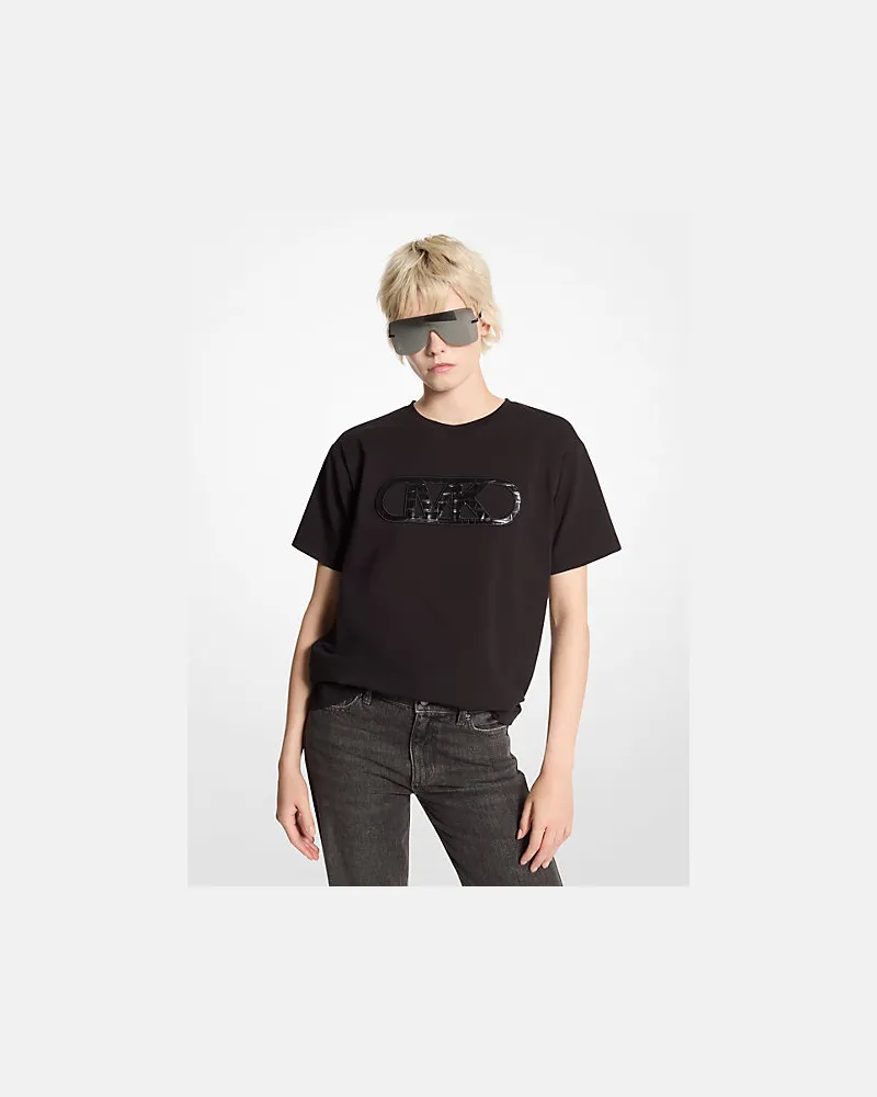 Michael Kors T-Shirt aus Stretch-Baumwolle mit Empire-Logo In Kroko-Optik Schwarz