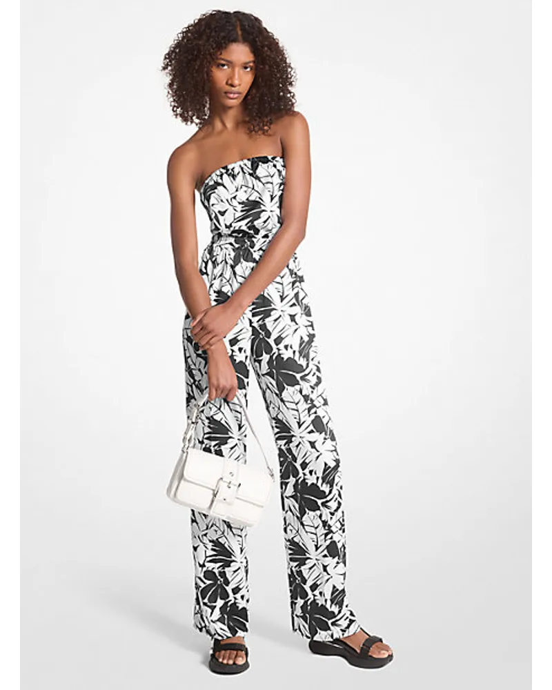 Michael Kors Jumpsuit aus Satin mit Schleife und Palmenmuster Schwarz