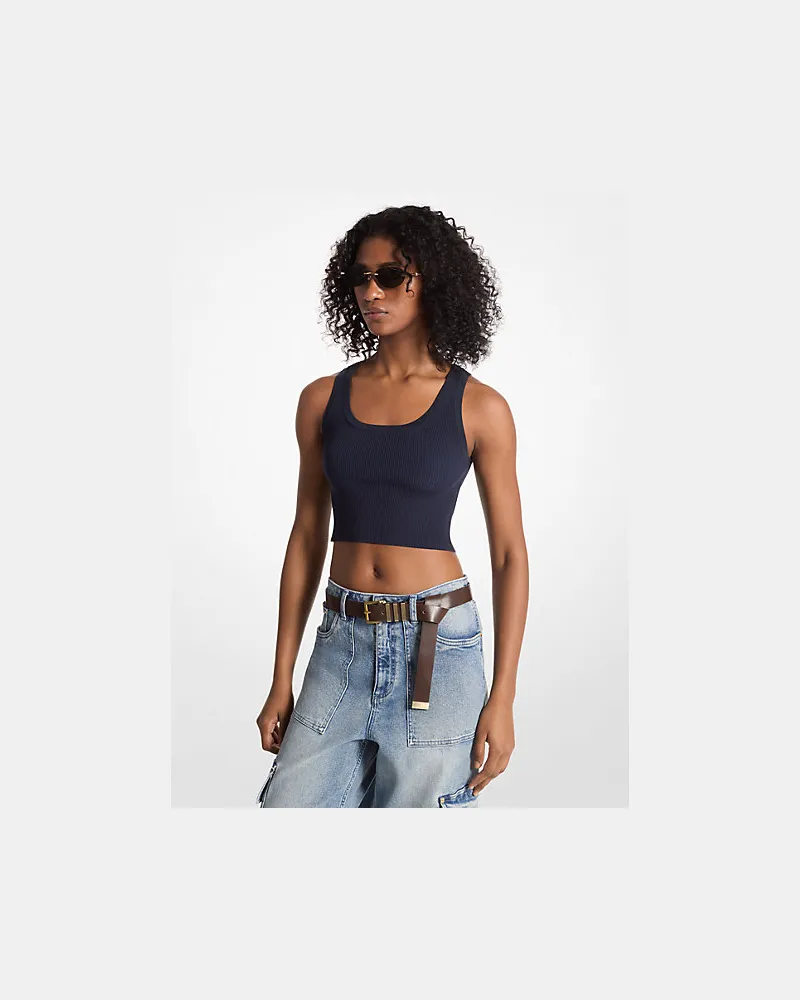 Michael Kors Verkürztes Tanktop aus Geripptem Stretch-Strick Blau