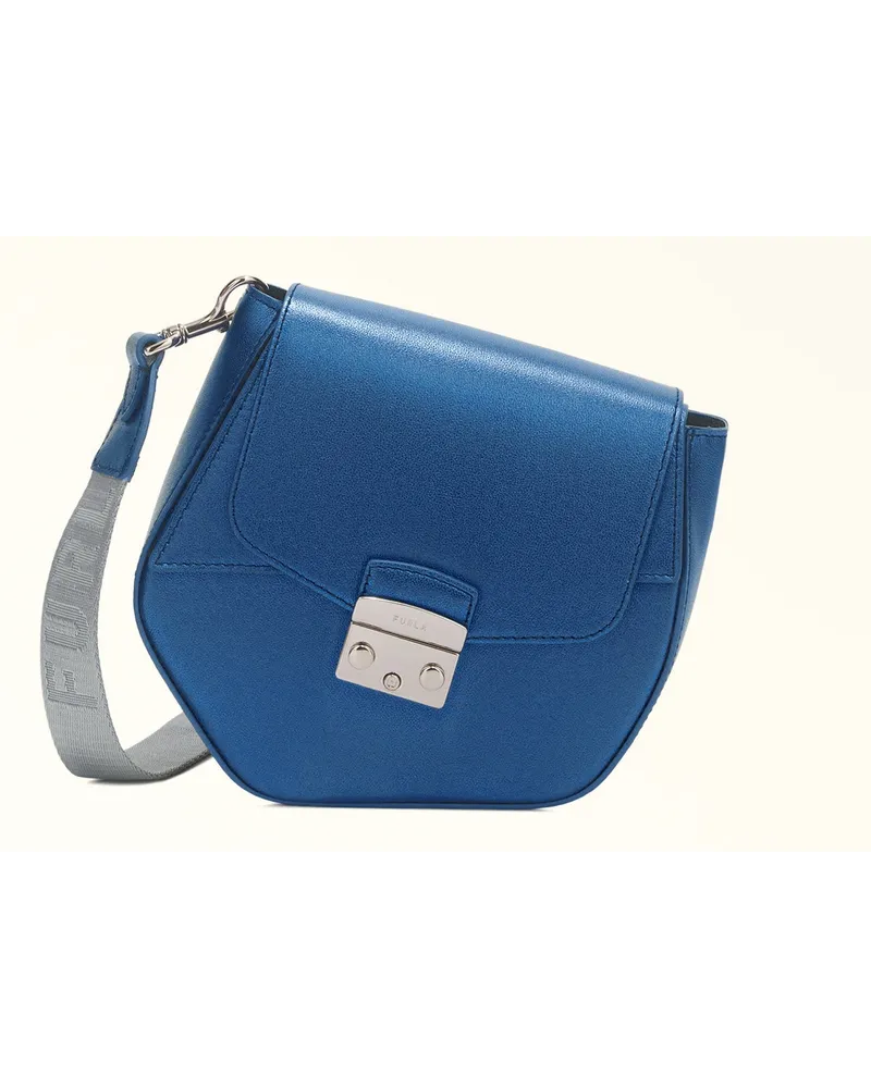 Furla Metropolis Prisma Umhängetasche Blu Cobalto Claris Kalbsleder In Metallic + Logo-stoffband Damen Mini-Umhängetasche Blau