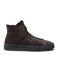 Santoni Graue hohe Double Buckle Sneaker für Herren aus Wildleder mit Pelzfutter Grau