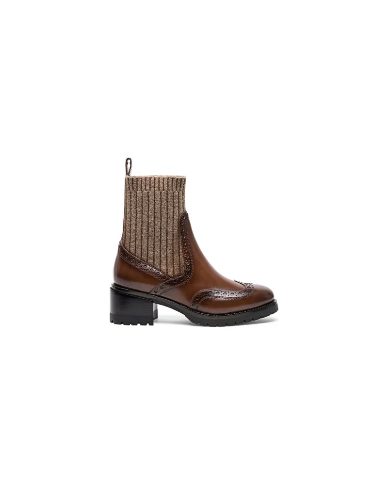 Santoni Braune Sock-Stiefeletten für Damen aus Leder mit niedrigem Absatz und Brogue-Details Hellbraun