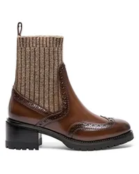 Santoni Braune Sock-Stiefeletten für Damen aus Leder mit niedrigem Absatz und Brogue-Details Hellbraun