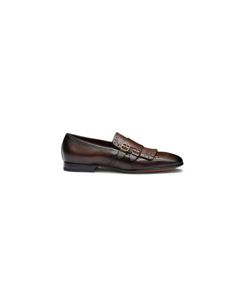 Santoni Braune Loafer für Herren aus Leder mit Doppelschnalle und Fransendetail Dunkelbraun