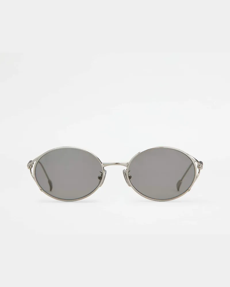 TOD'S Ovale Sonnenbrille mit Lederbügeln, SCHWARZ,SILBER,  - Sunglasses Schwarz