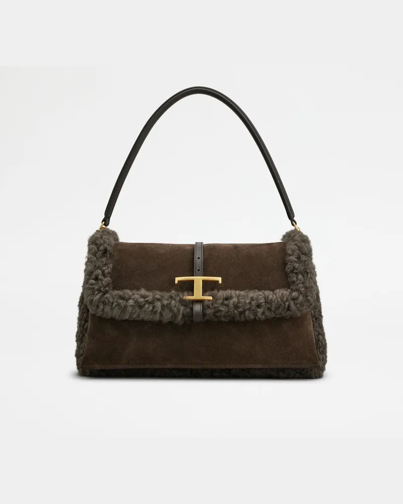 TOD'S Tasche Flap T Timeless aus Veloursleder und Shearling Small, BRAUN,  - Bags Braun