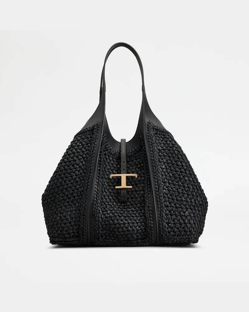 TOD'S Shopper T Timeless Medium aus Bast und Leder, SCHWARZ,  - Bags Schwarz