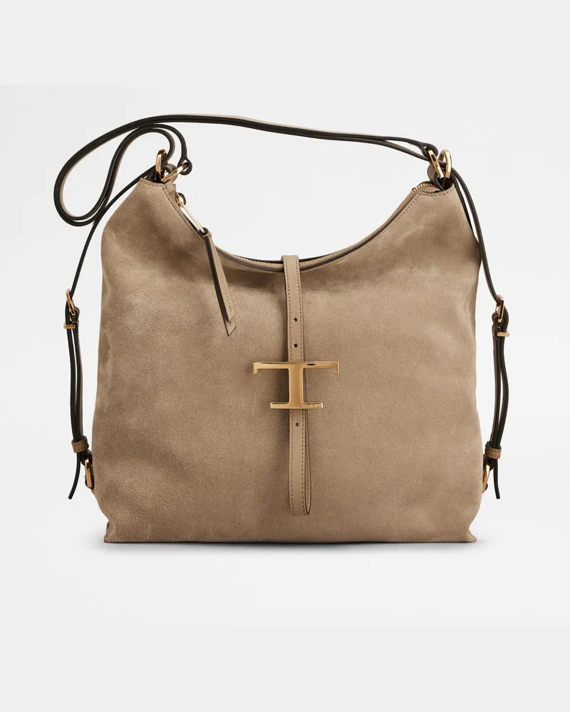 TOD'S Schultertasche T Timeless aus Veloursleder Small, BEIGE,  - Bags Beige