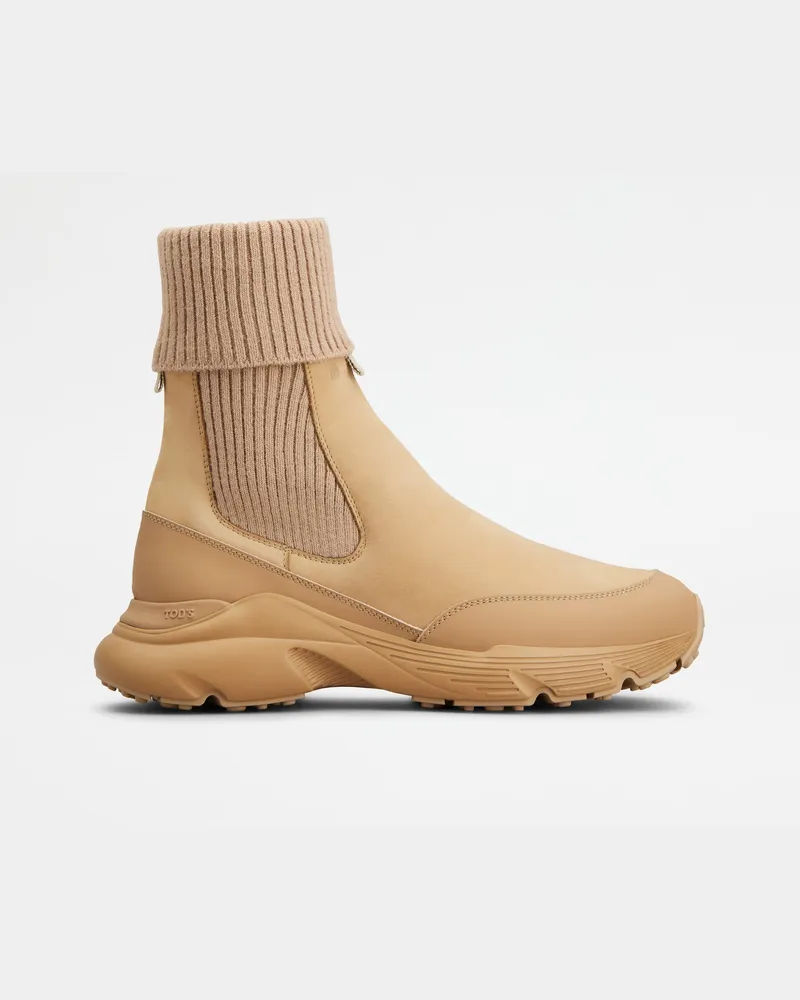 TOD'S Chelsea Boots aus Nubukleder und Strick, BEIGE Shoes Beige