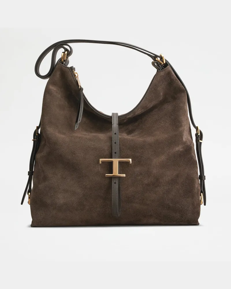 TOD'S Schultertasche T Timeless aus Veloursleder Medium, BRAUN,  - Bags Braun