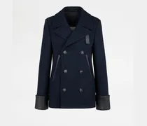 Peacoat aus Wolle mit Ledereinsätzen, BLAU Coat / Trench