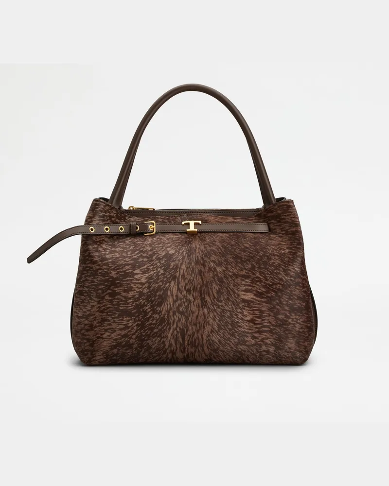 TOD'S Handtasche T Signature aus Leder in Ponyfell-Optik Small, BRAUN,  - Bags Braun