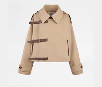 Kurzer Trenchcoat mit Ledereinsätzen, BEIGE Coat / Trench