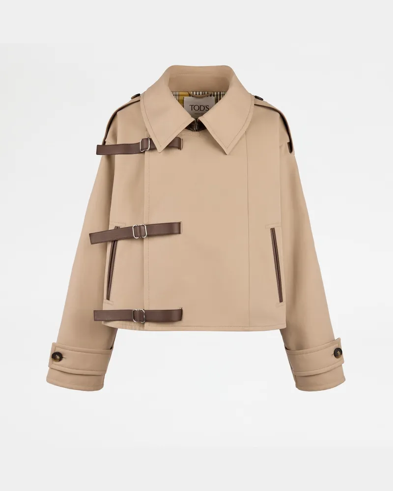 TOD'S Kurzer Trenchcoat mit Ledereinsätzen, BEIGE Coat / Trench Beige