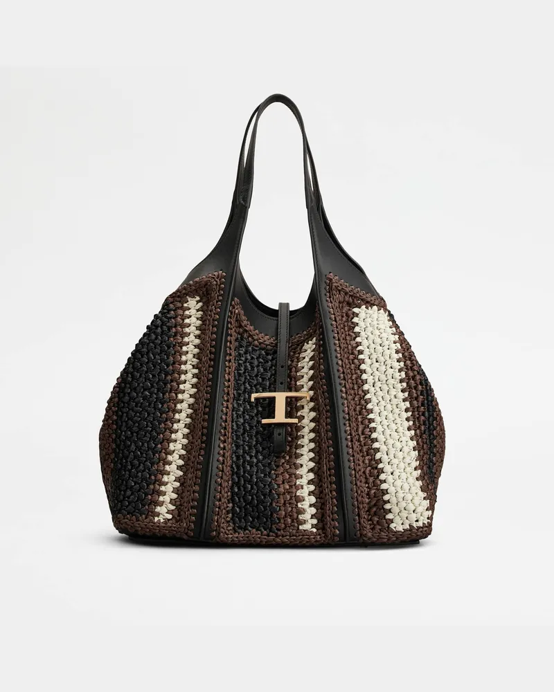 TOD'S Shopper T Timeless aus Bast und Leder Medium Weiss