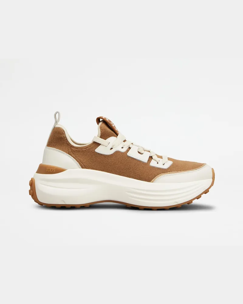 TOD'S Sneakers aus Stoff und Leder, WEISS,BRAUN Shoes Weiss