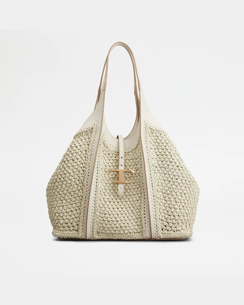 TOD'S Shopper T Timeless Medium aus Bast und Leder, WEISS,  - Bags Weiss