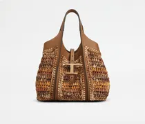 Shopper T Timeless aus Leder und Bast Mini, BRAUN,  - Bags