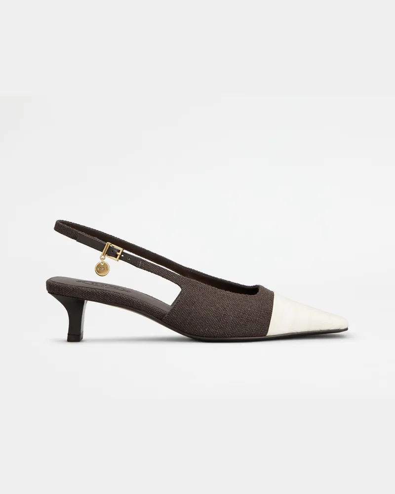TOD'S Slingback-Pumps aus Canvas und Leder, CREME,BRAUN Shoes Creme