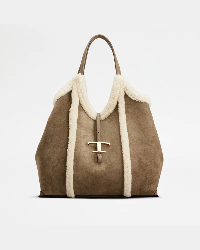 TOD'S Shopper T Timeless aus Veloursleder und Lammfell Medium, WEISS,GRAU,  - Bags Weiss