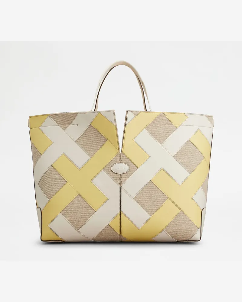 TOD'S Di Bag Folio aus Leder und Canvas Medium, GELB,GRAU,WEISS,  - Bags Gelb