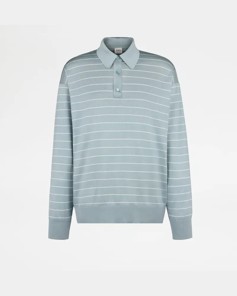 TOD'S Polohemd aus gestreifter Seide, WEISS,HIMMELBLAU Knitwear Weiss