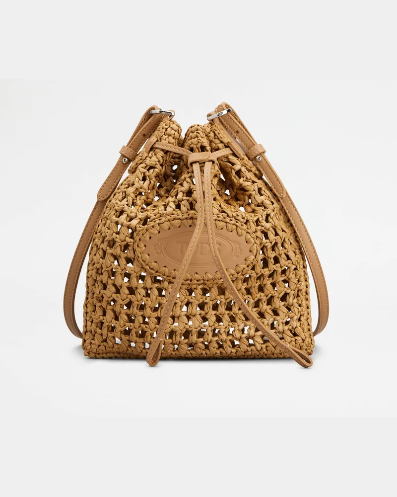 TOD'S Beuteltasche aus Bast und Leder Mini, BEIGE,  - Bags Beige