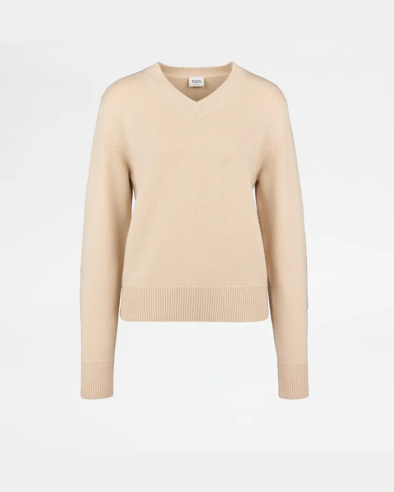 TOD'S Tod Pullover aus Kaschmir mit Lederpatches, BEIGE Knitwear Beige
