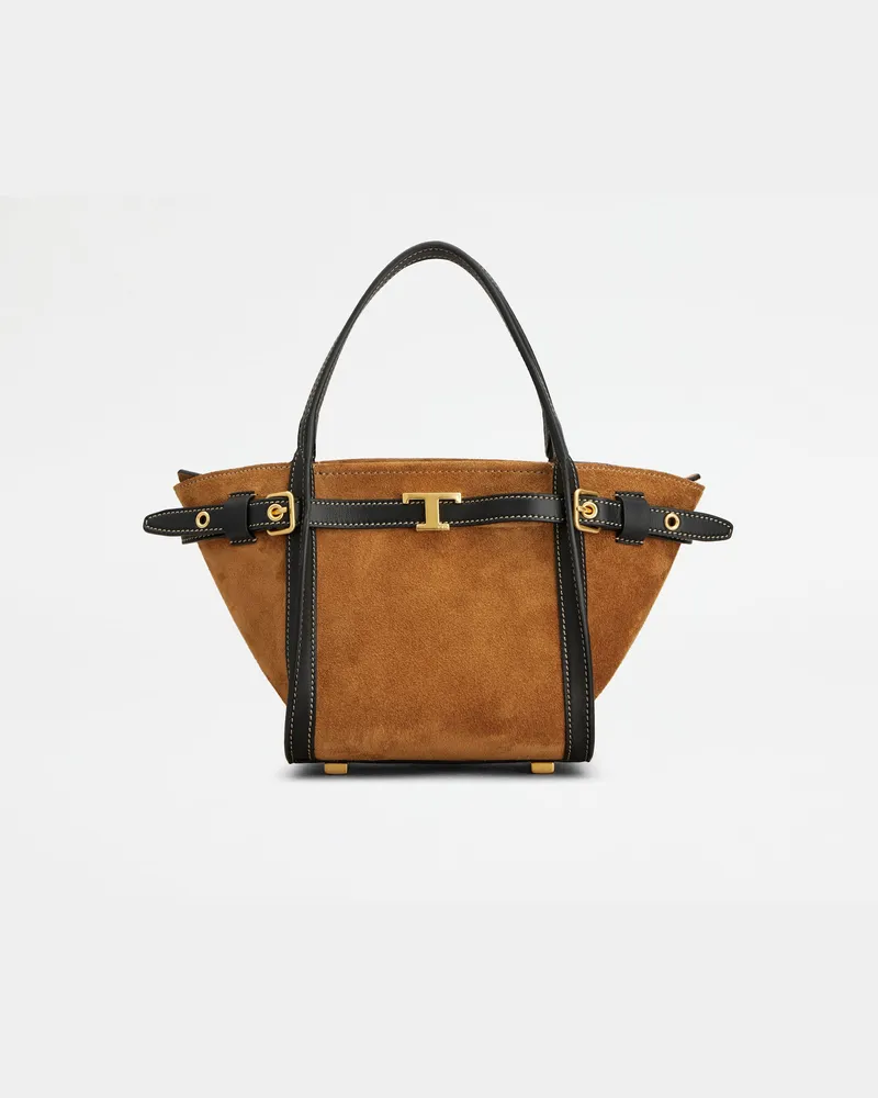 TOD'S Shopper T Signature aus Veloursleder Mini, SCHWARZ,BRAUN,  - Bags Schwarz