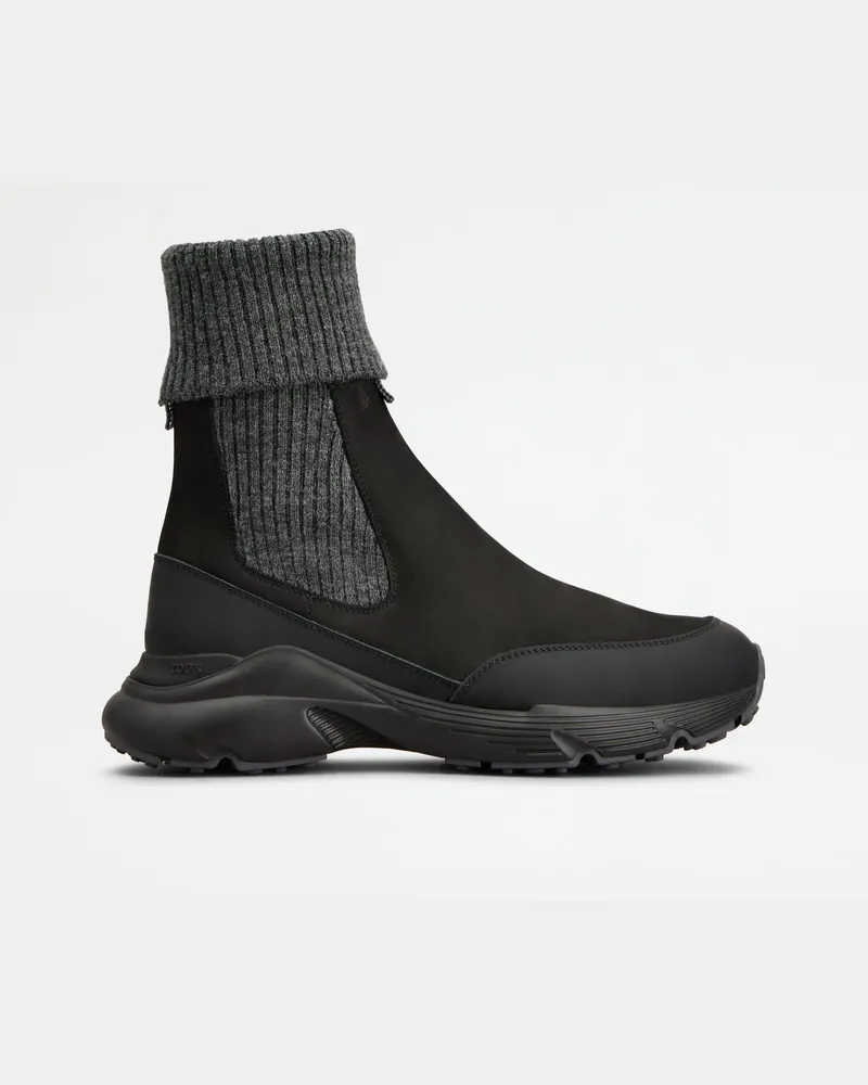 TOD'S Chelsea Boots aus Nubukleder und Strick, SCHWARZ Shoes Schwarz