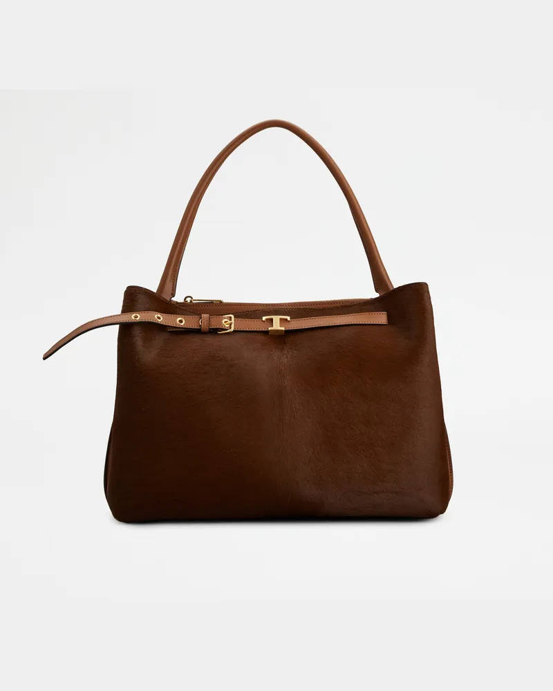 TOD'S Handtasche T Signature aus Leder in Ponyfell-Optik Small, BRAUN,  - Bags Braun