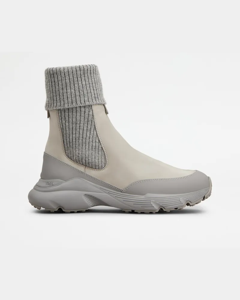 TOD'S Chelsea Boots aus Nubukleder und Strick, GRAU Shoes Grau