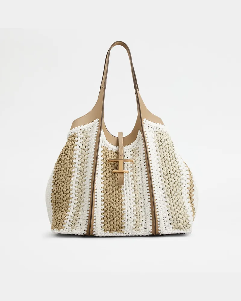 TOD'S Shopper T Timeless aus Bast und Leder Medium Weiss
