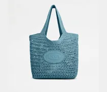 Shopper aus Bast und Leder Medium, BLAU, - Bags