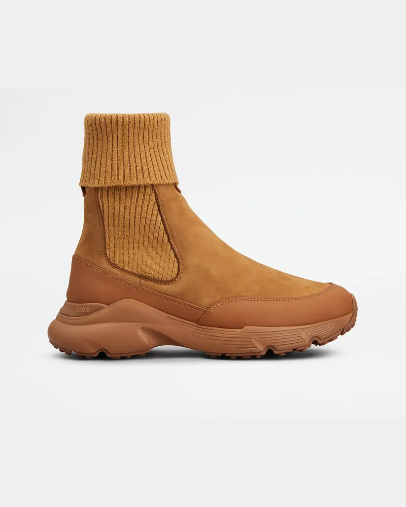 TOD'S Chelsea Boots aus Nubukleder und Strick, BRAUN Shoes Braun