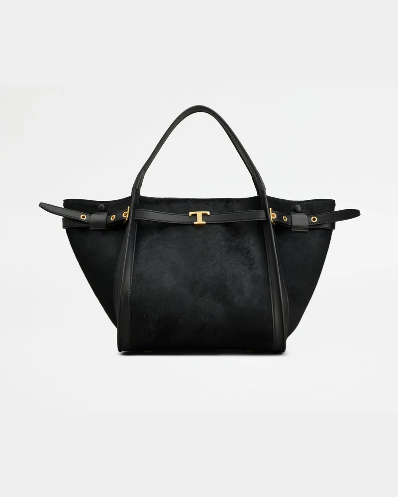 TOD'S Shopper T Signature aus Leder in Ponyfell-Optik Small, SCHWARZ,  - Bags Schwarz
