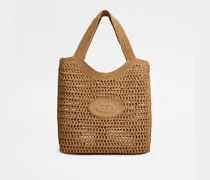 Shopper aus Bast und Leder Medium, BEIGE, - Bags