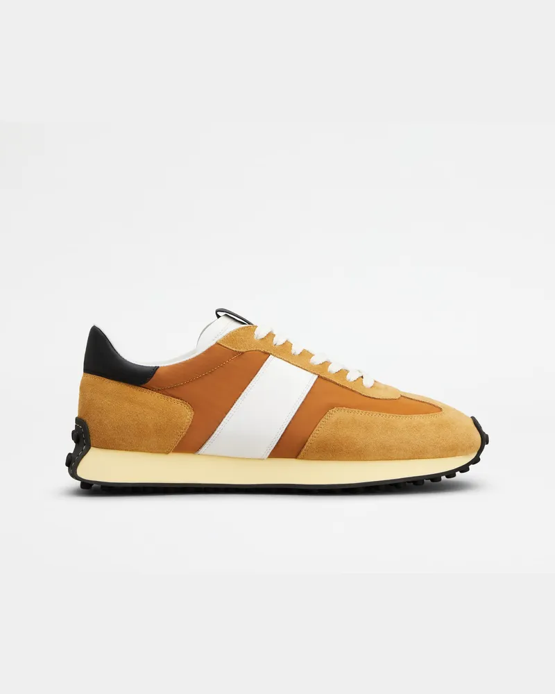 TOD'S Sneakers T Vintage aus Veloursleder und technischem Gewebe, SCHWARZ,WEISS,ORANGE Shoes Schwarz